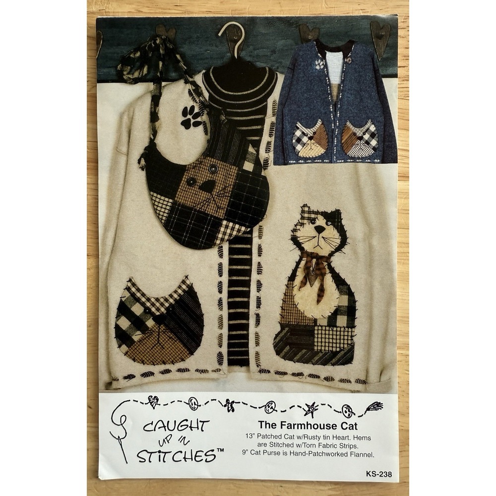 THE FARMHOUSE CAT – Caught Up In Stitches KS-238, 13" Patched Cat & 9" Cat Purse